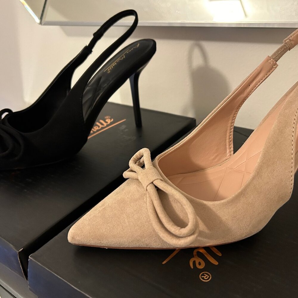 Black & Tan Pairs of Sling black pointed short heels with bow - Both Pairs!